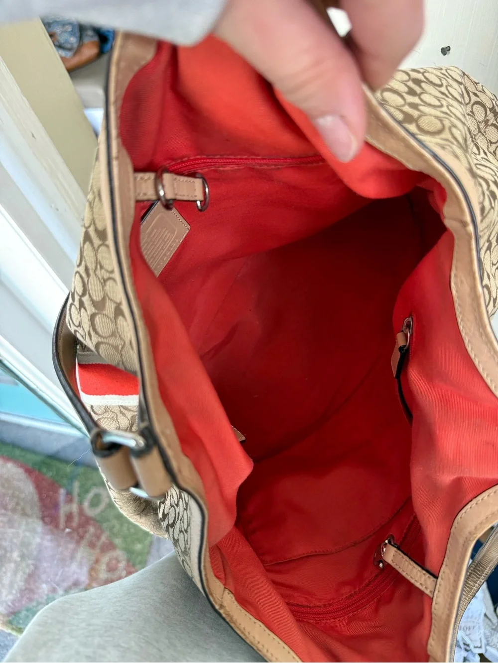 Coach Beige Signature Tote with Red Stripe Accents